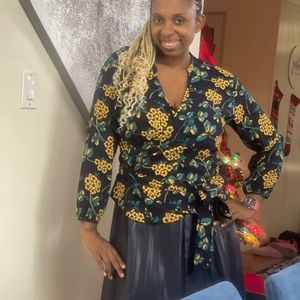 Jcrew blue flowered double wrap blouse size L